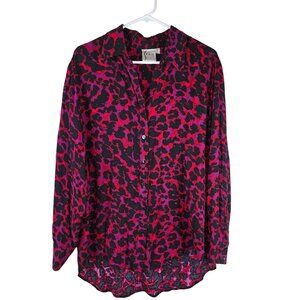 Finley Womens Leopard Print Button-Up Blouse L Red & Black Viscose Made In USA